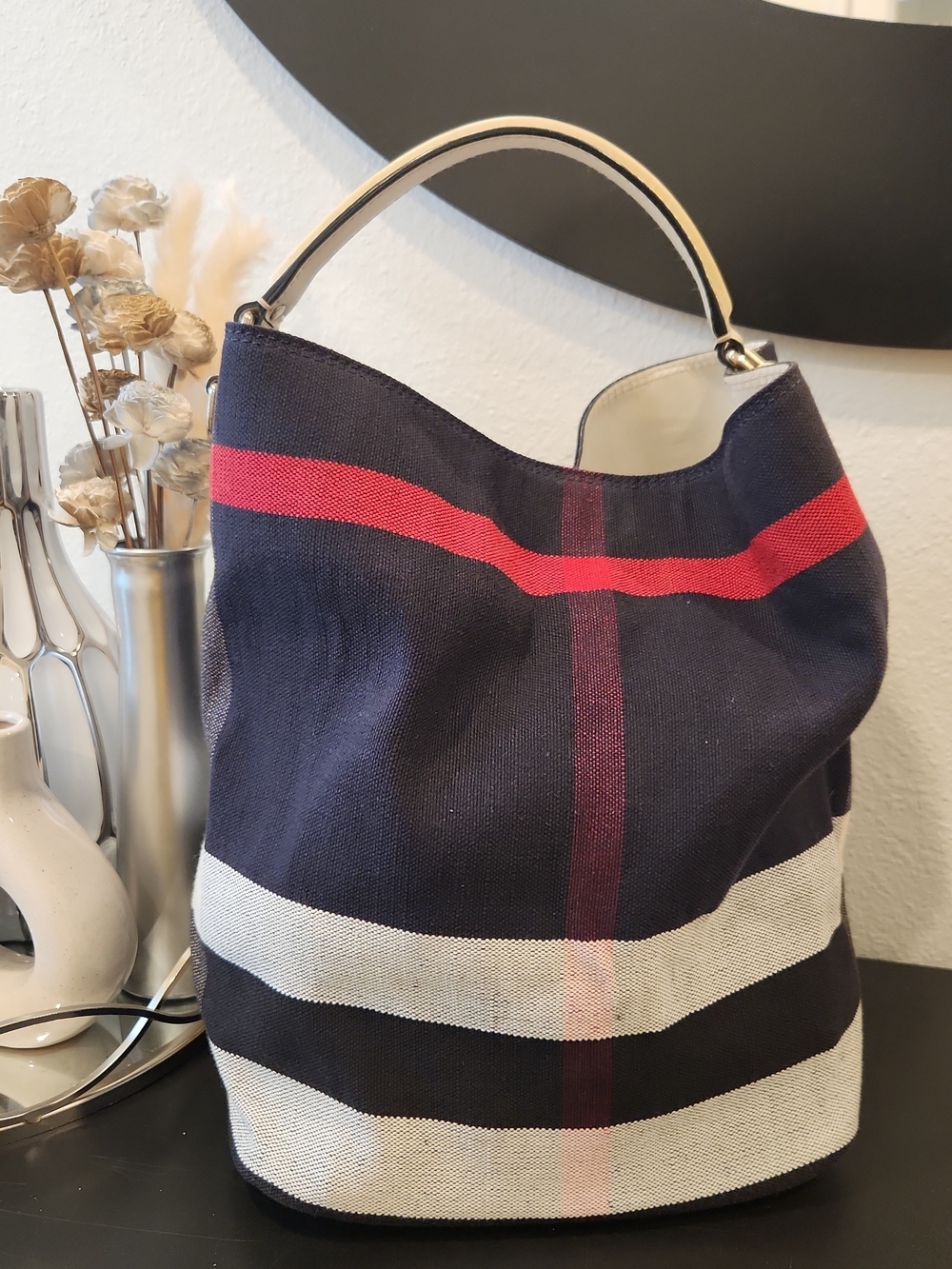 Burberry Navy Canvas Hobo Bag with Red and Cream Stripes